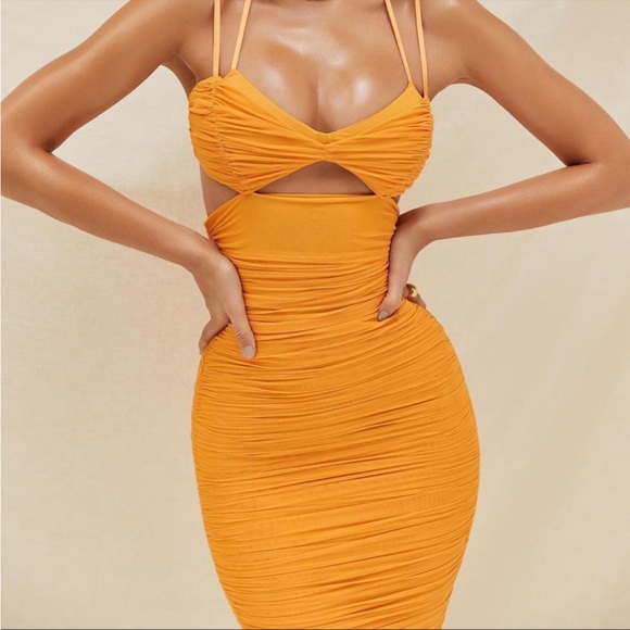 HOUSE OF CB 'Tibi' Tangerine Cutout Ruched Midi Dress - Picture 5 of 12